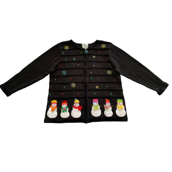 QUACKER FACTORY Womens' VINTAGE Black Snowman Holiday Zip Up Sweater 1X - Picture 3 of 5
